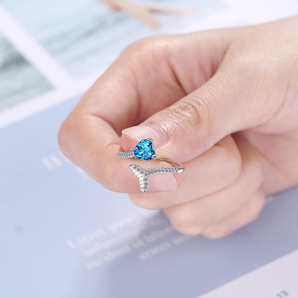 Heart Blue Diamond Ring Women's Korean Edition Fashion Ins Wind Fish Tail Diamond Sweet Open Ring 2026