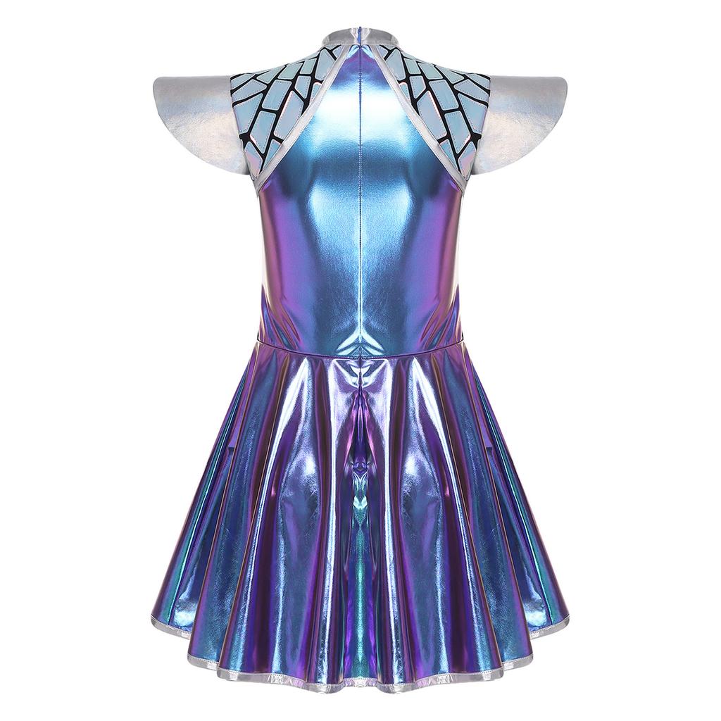 Complete Women‘s Alien Astronaut Halloween Costume S-3XL: Gradient Sequin Mini Dress with Metallic Patchwork & Fly Sleeves