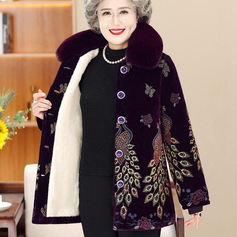 Winter Warm Fleece Lined Coat for Middle Aged Women Thickened Printed Cotton Clothes