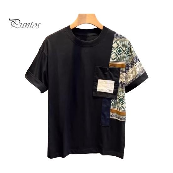 

Мужская летняя футболка с принтом в стиле пэчворк, короткий рукав, круглый вырез, нагрудный карман, свободный пуловер, одинаковый цвет, повседневная повседневная одежда, топ M чёрный