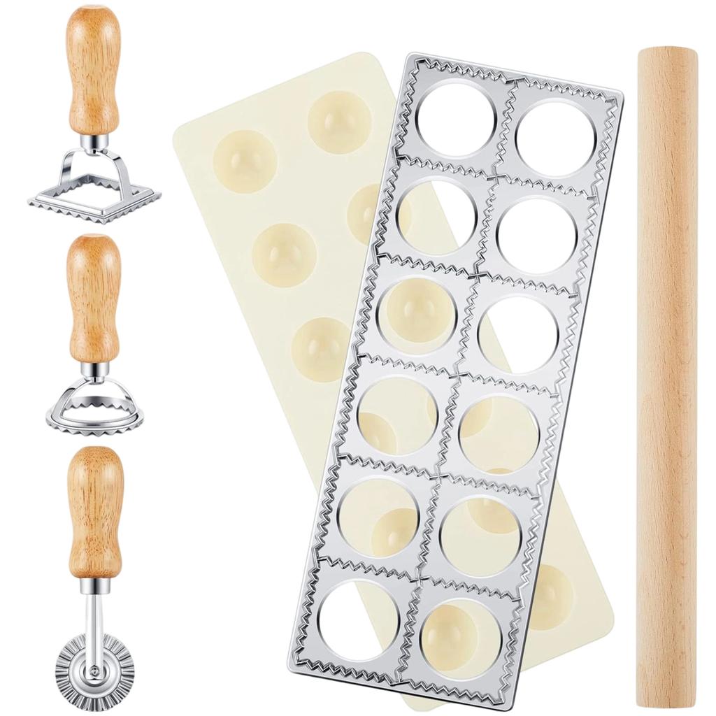 Wooden Rolling Pin Pasta Dough Cutter Set Stainless Steel Ravioli Mold Dumpling Maker Kitchen Tool for Homemade Italian Pasta Dough Preparation