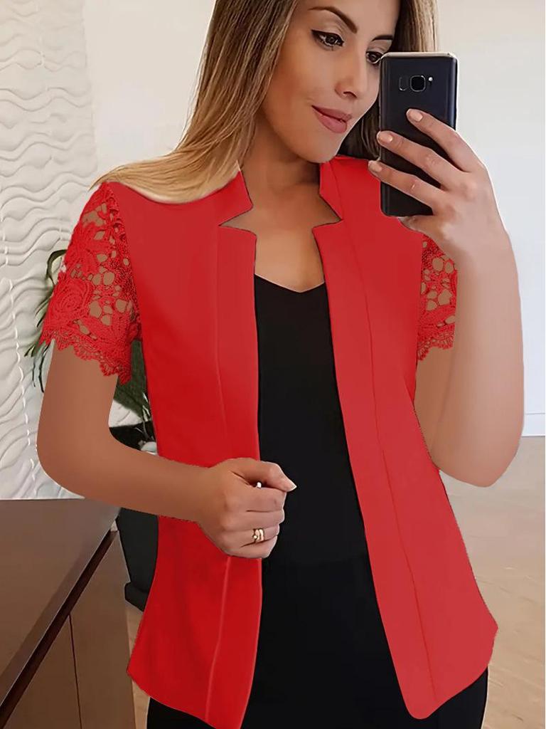 Blazer Trendy Culoare Solidă Dantelă Mânecă Scurtă 2024 – Costum Versatil Profesional și Casual