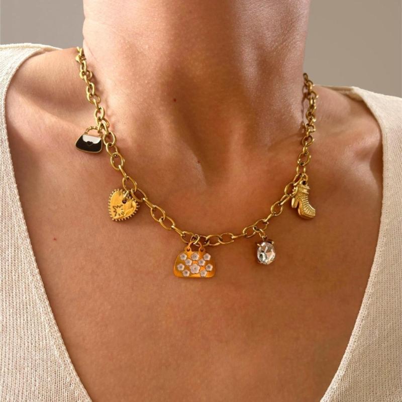 Rhinestones Embellished Love Sachet Charm Necklace Stainless Steel Clavicle Chain Fashion Jewelry Accessory