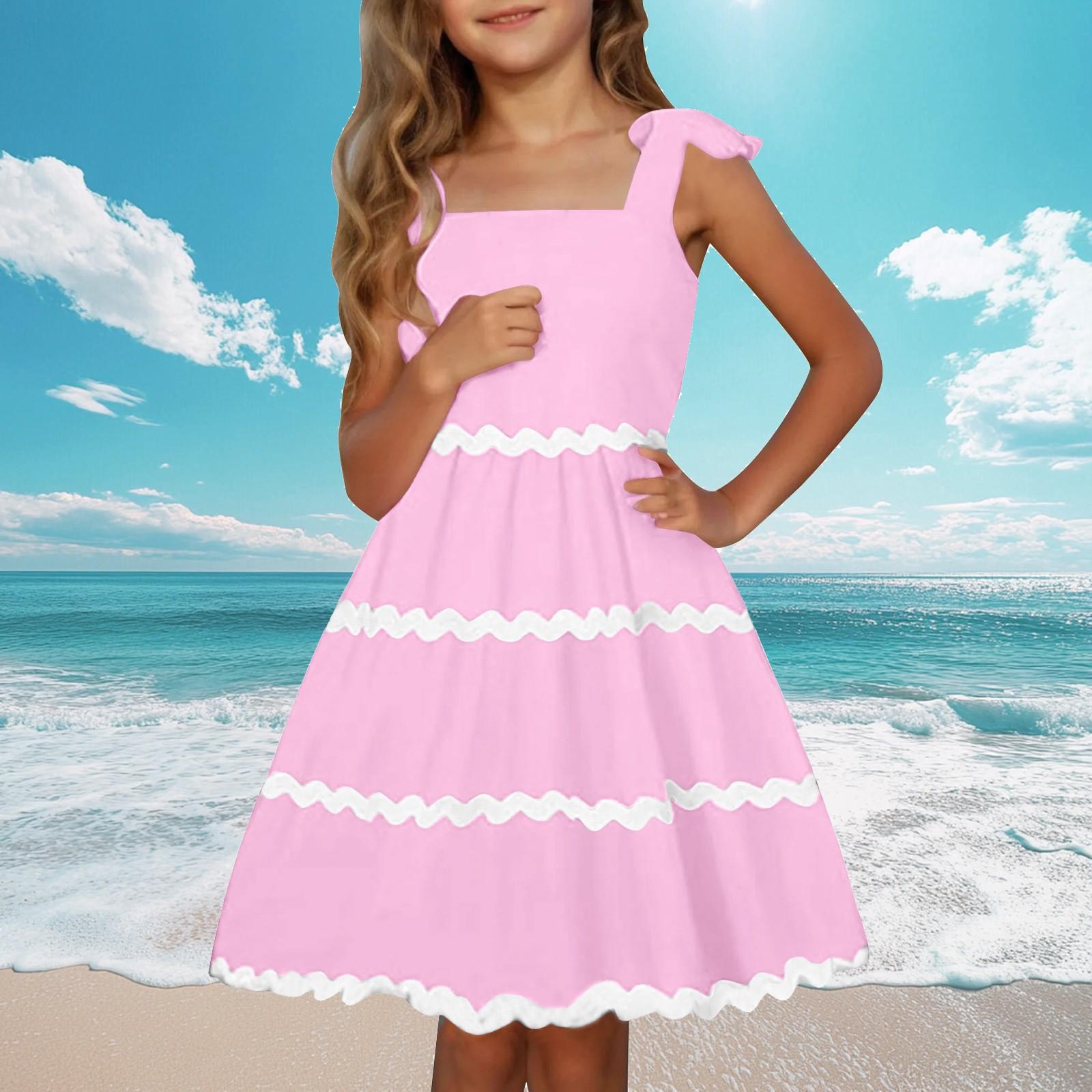 

Летнее платье для девочек с завязками на талии, короткое пляжное платье на бретелях для отдыха на пляже 140 розовый
