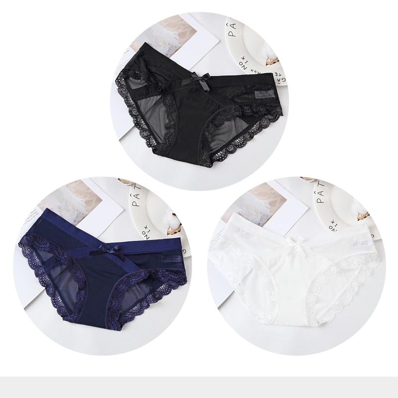 Women's Sexy Panties Transparent Mesh Breathable Briefs Underwear Low-Rise Bow Floral Panty for Lady Girl 3 Pcs/set