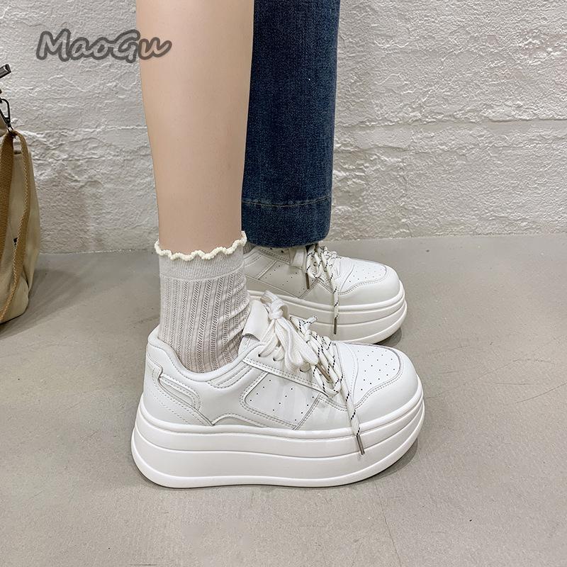 White Platform Chunky Sole Sneakers Casual Daily Wear Footwear Breathable Lace-Up Shoes Fashion Height Increasing Zapatos Mujer