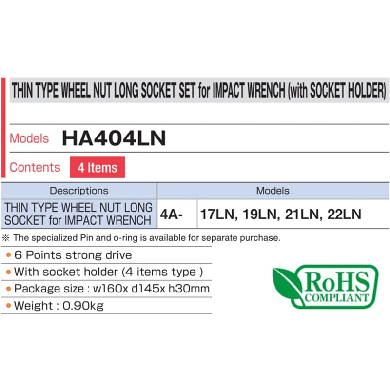 TONE Schlagschrauber Dünn Lang Radmutter Steckschlüssel Satz Enthält 4 Stück (mit Halter), HA404LN, 12,7 mm (1/2 ") Fahren,