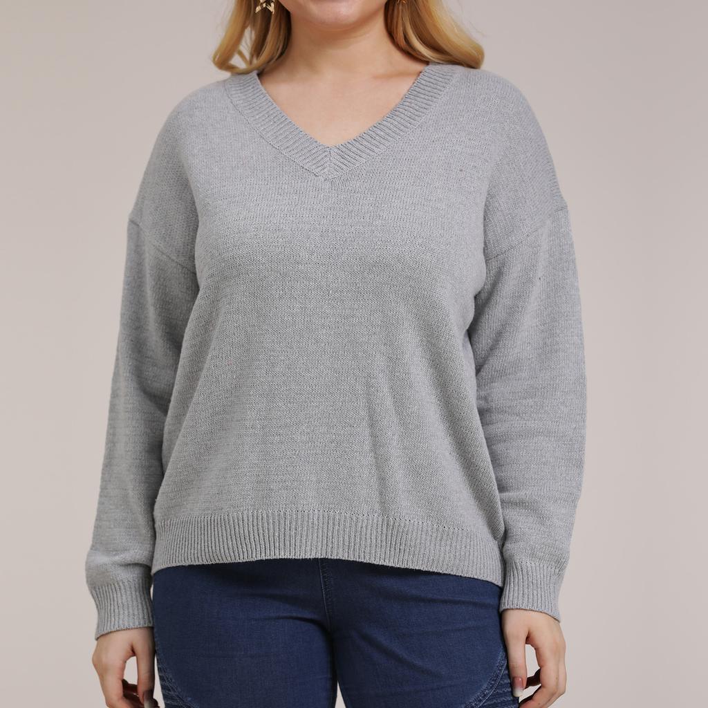 Autumn and Winter Plus Size Women's Solid Colour Simple Woven V-neck Pullover Jumper