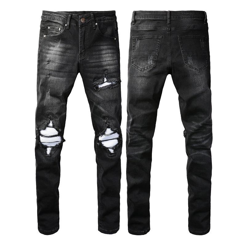Trendy High-street Men’s Slim-fit Ripped Jeans with Silver Patches – Men’s Trousers, Skinny Fit