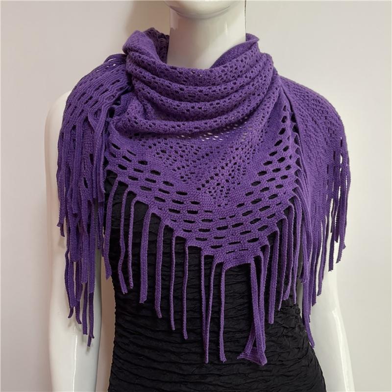 Women's Hollowed Knitted Triangular Scarf Imitation Cashmeres Soft Winter Shawl Wrap Neckerchief Blanket with Fringes