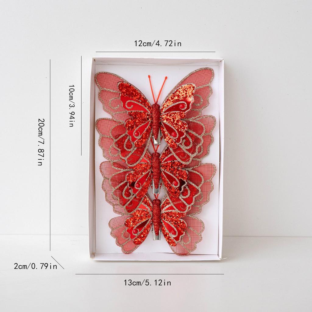 3PCS simulation double layer sequin feather butterfly pendant Christmas tree decoration pendant combination set  embellishment