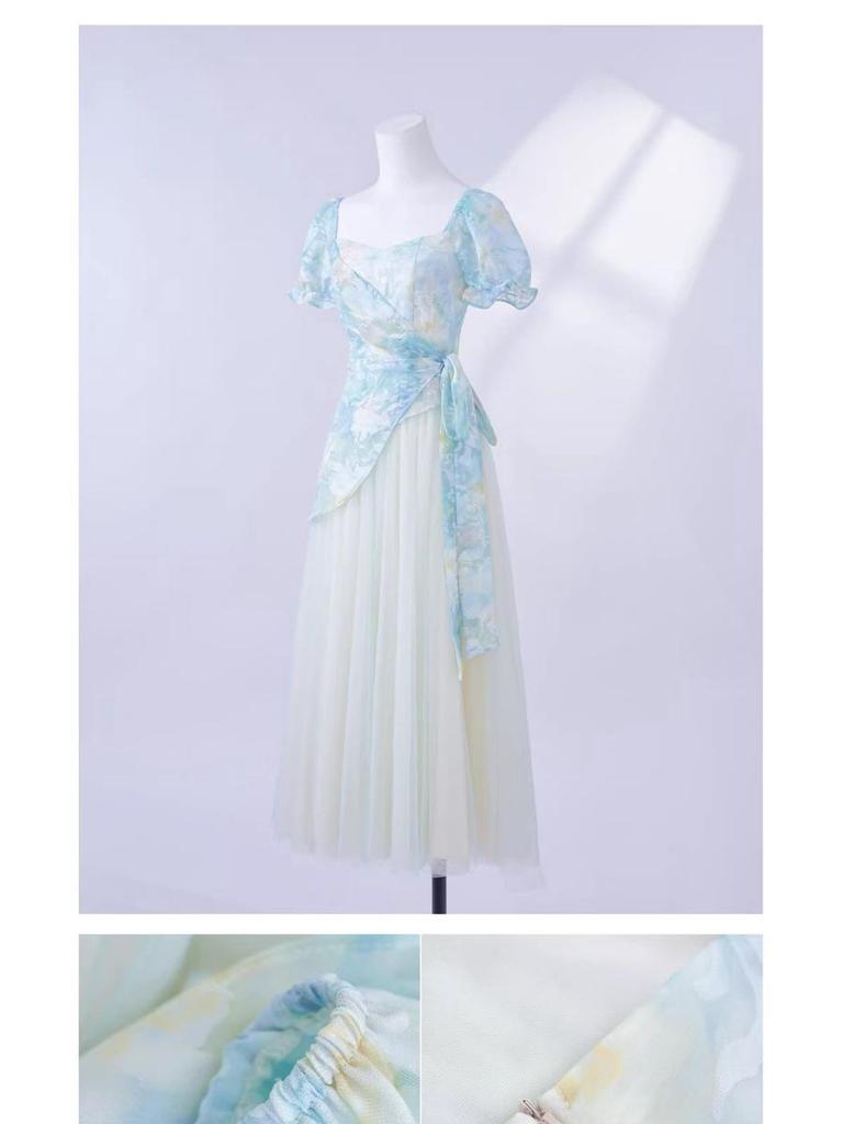 Tea Break French Sweet Marbled Patchwork Mesh Dress with Cinched Waist