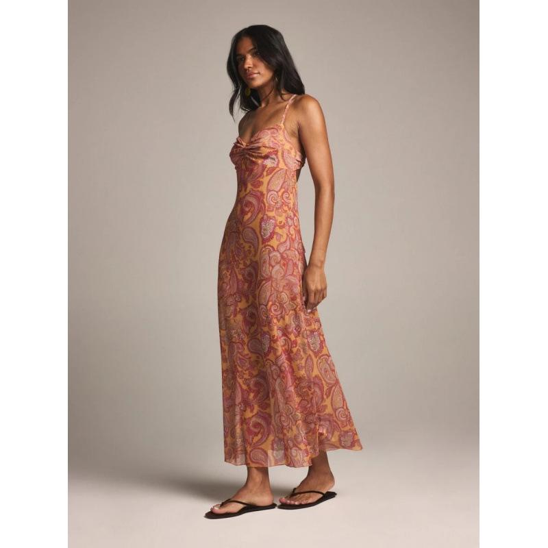 European summer new holiday style lace-up printed pleated casual backless suspender dress women XS