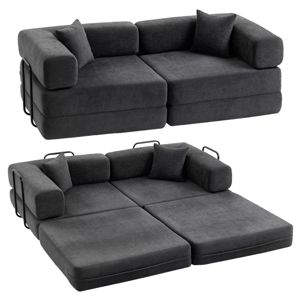 Convertible Sofa, 2-Seater, Chenille Sofa Bed 198 cm, Wide Seat, 2 Cushions, Dark Grey