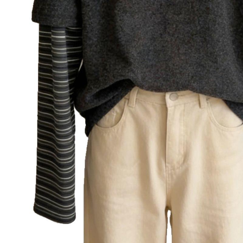 Women's Brushed Corduroy Striped Two-Piece Look Long-Sleeve T-Shirt, Thickened Base Layer for Autumn & Winter.