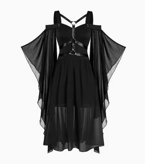 Готическое платье-трапеция с кружевом и рукавами-клеш для полных 3XL чёрный