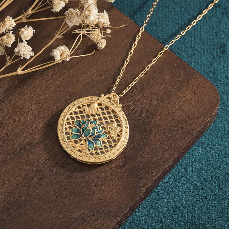 Cloisonné Enamel Lotus Jade Round Pendant Retro Necklace