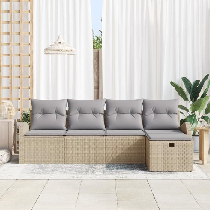 Ensemble de sofa de jardin 5 pièces avec coussins Beige Poly Rattan, Sofa de jardin 2 places avec rangement et coussins 3360391
