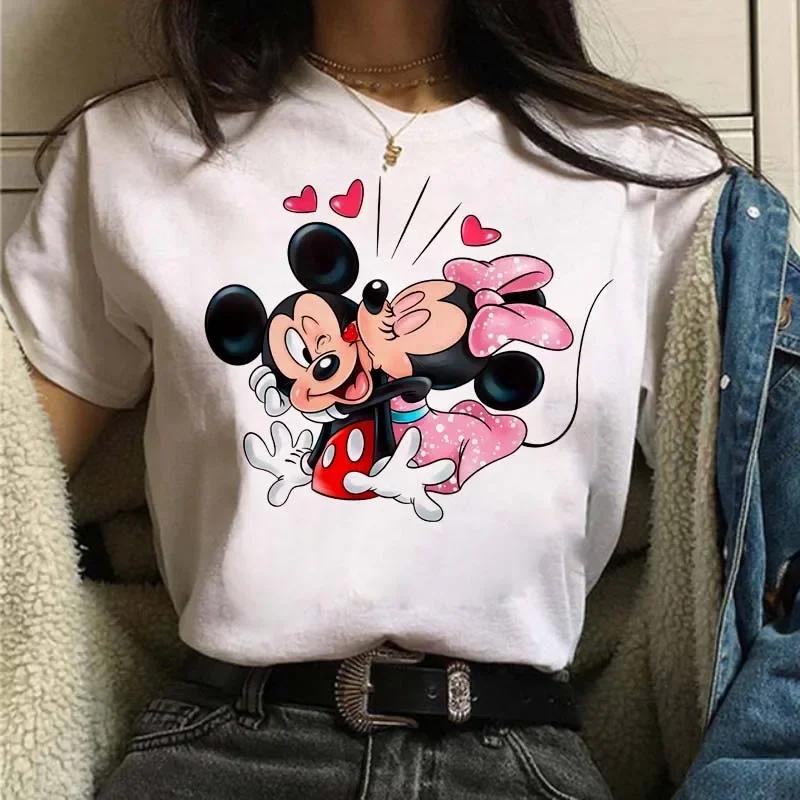 Funny Disney Women T-shirt Cute Cartoon Mickey Minnie Graphic Casual Short Sleeve T Shirt Female Kawaii Loose Y2K Clothing Tops