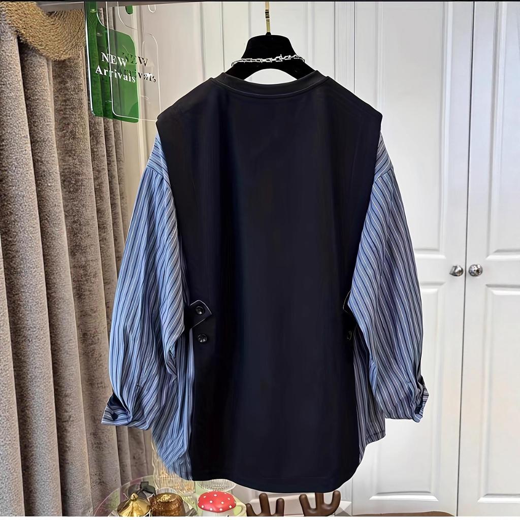 Plus Size Slimming Two-Piece Look Stripe Shirt: Women's Spring/Autumn Round Neck Long Sleeve Top