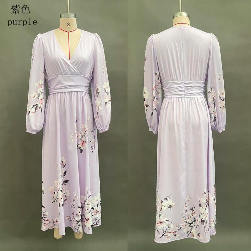 TikTok Women's Amazon Digital Printing Flower Long Sleeve V-Neck Pleated Dress Women's Long Dress