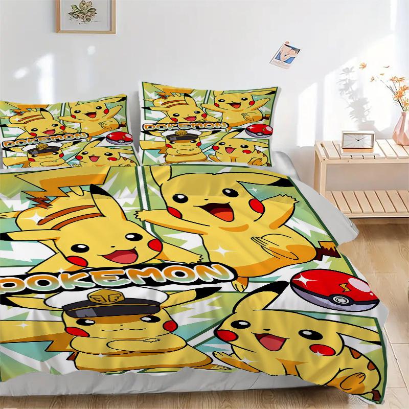 3pcs Pikachu Pokémon Quilt Cover Set (1 Quilt Cover + 2 Pillowcases Without Pillow Core), High-Definition Printing for Home and Dormitory.F053