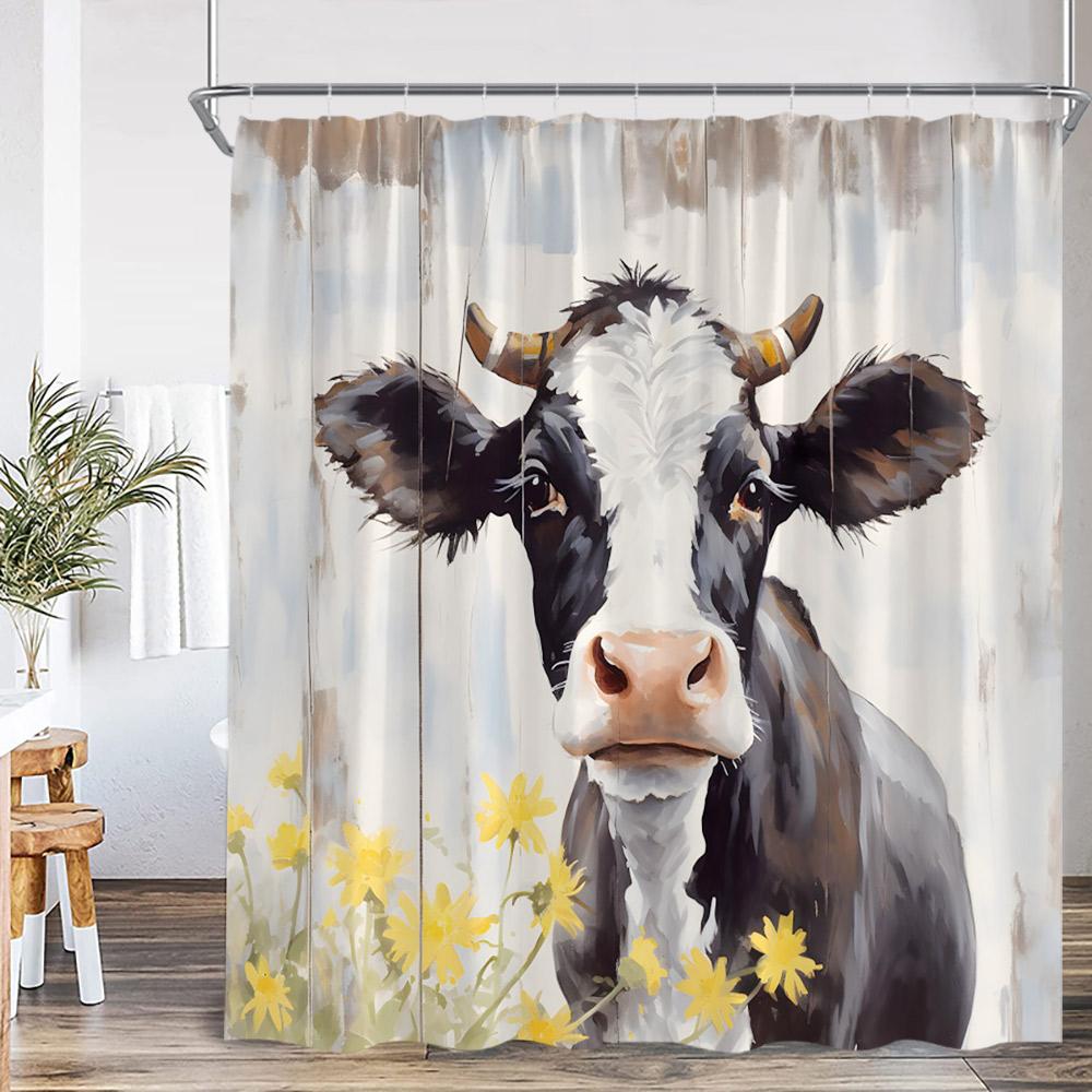 Highland Cow Farmhouse Shower Curtain Funny Farm Animal Flower Wooden Plank Bathroom Decor Vintage Polyester Fabric Bath Curtain