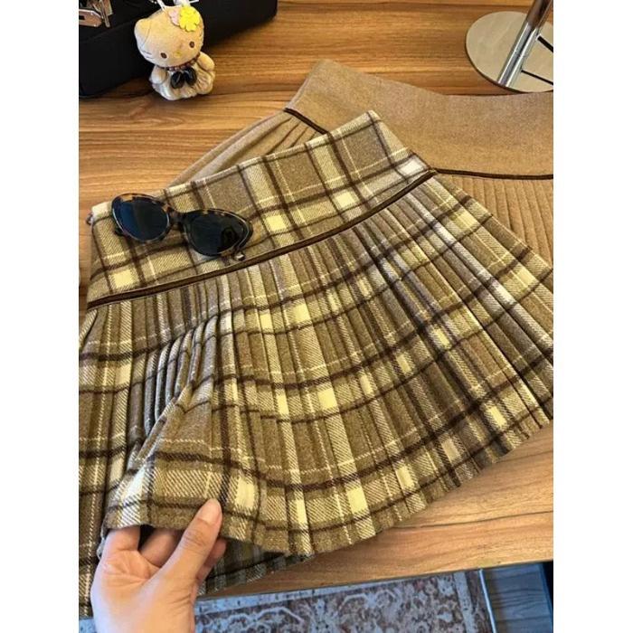 Women's High Waist Plaid Wool Skirt - Spring 2025 College Style Petite Skirt