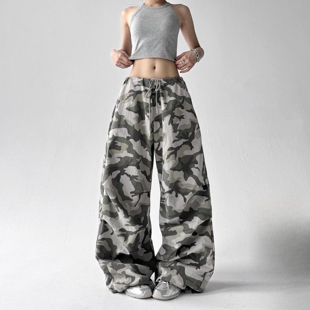 Amerikanska Retro Kamouflage Vida Byxor Dam Lös Chic Klädsel Casual Overaller Elastisk Dragskoband Midja Casual Byxor, Streetwear Byxor