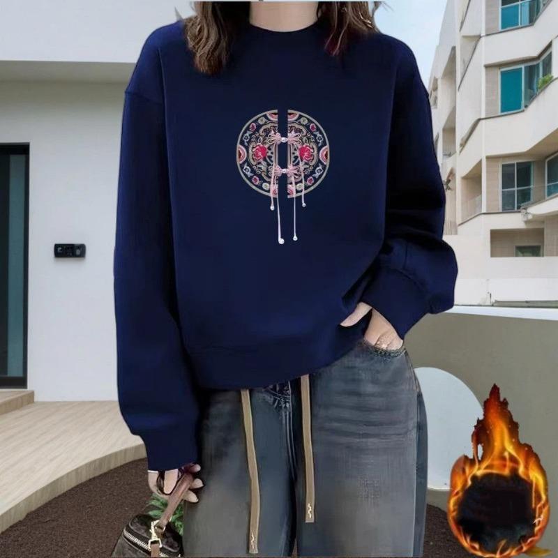 Chinese Embroidery Women Crew Neck Pullover Autumn Winter Fleece Lined Thick Casual Elegant Top