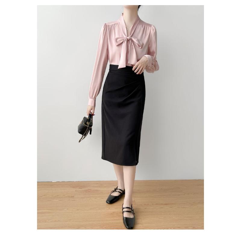 Spring Women's French Style Bow Tie Blouse, Satin Office Shirt with Flowing Ribbon Detail, Sexy Elegant Commute Wear for Business Casual