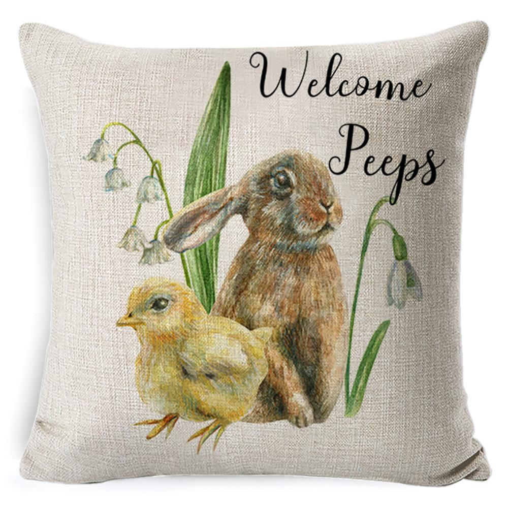 Cartoon Easter Pillow Cover Linen Watercolor Bunny Egg Home Sofa Cushion Cover