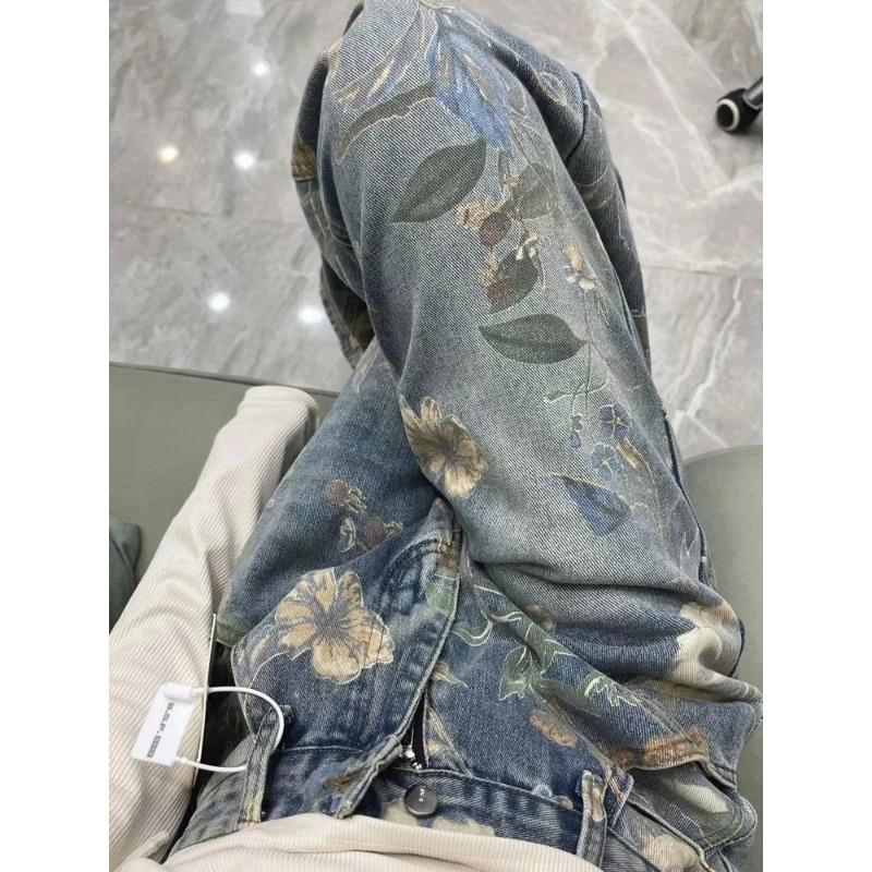 Floral Printed Wide Leg Female's Jeans American Retro High Waisted Trousers Fashionable Versatile Multi Pockets Bottoms