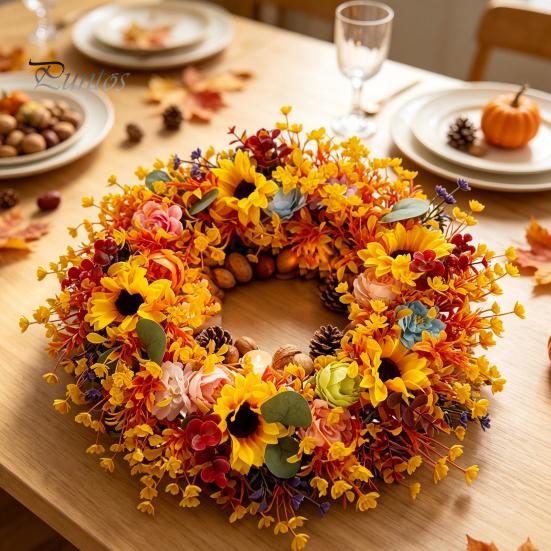 Artificial Flower Wreath for Entrance Fall with Sunflowers Front Door, 17.7 Inch Decorative Harvest Berry Wreaths Autumn Festival Wreath, Rustic