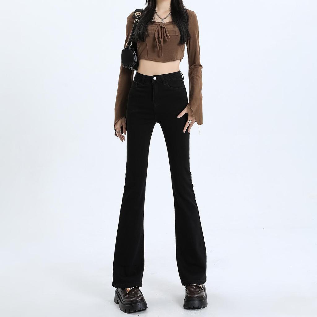 Women's Light Wash High-Waist American-Style Flared Jeans, Slim Fit, Elastic, Small Size, Washed Blue Horseshoe Design