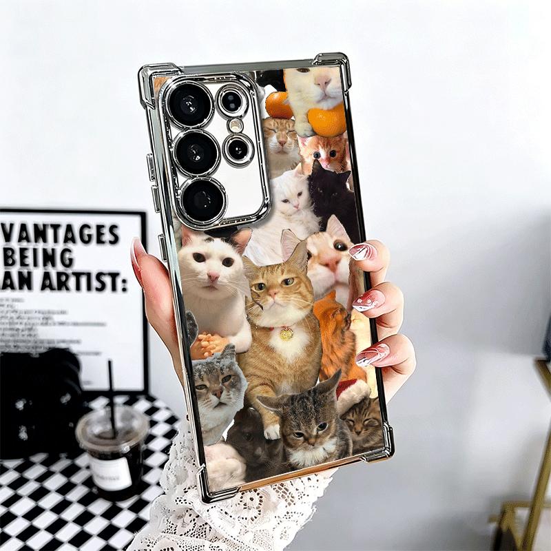 Crying Cats Combine Memes Plating Phone Case For Samsung Galaxy S24 S25 FE S26 Edge S23 Ultra S22 S21 Plus S20 Anti-Fall Airabag