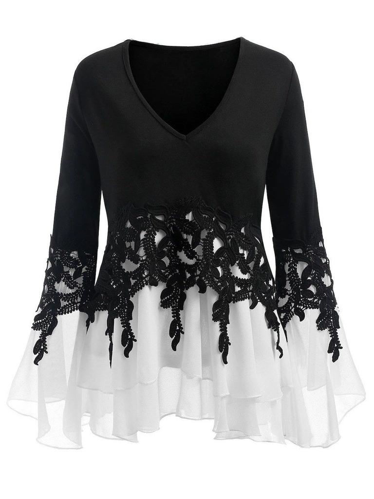 Elegant Women Ladies Long Sleeve V Neck Patchwork Tunic Tops For Casual Comfort