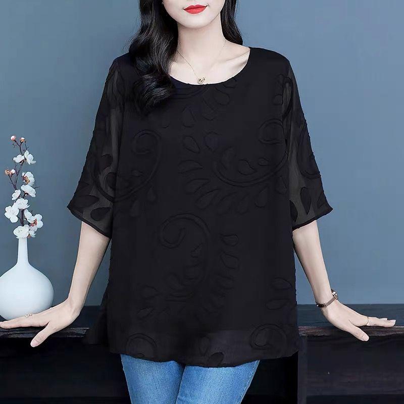 Women's Plus Blouse Summer Quarter Sleeve Loose Thin Chiffon Top Crewneck Shirt