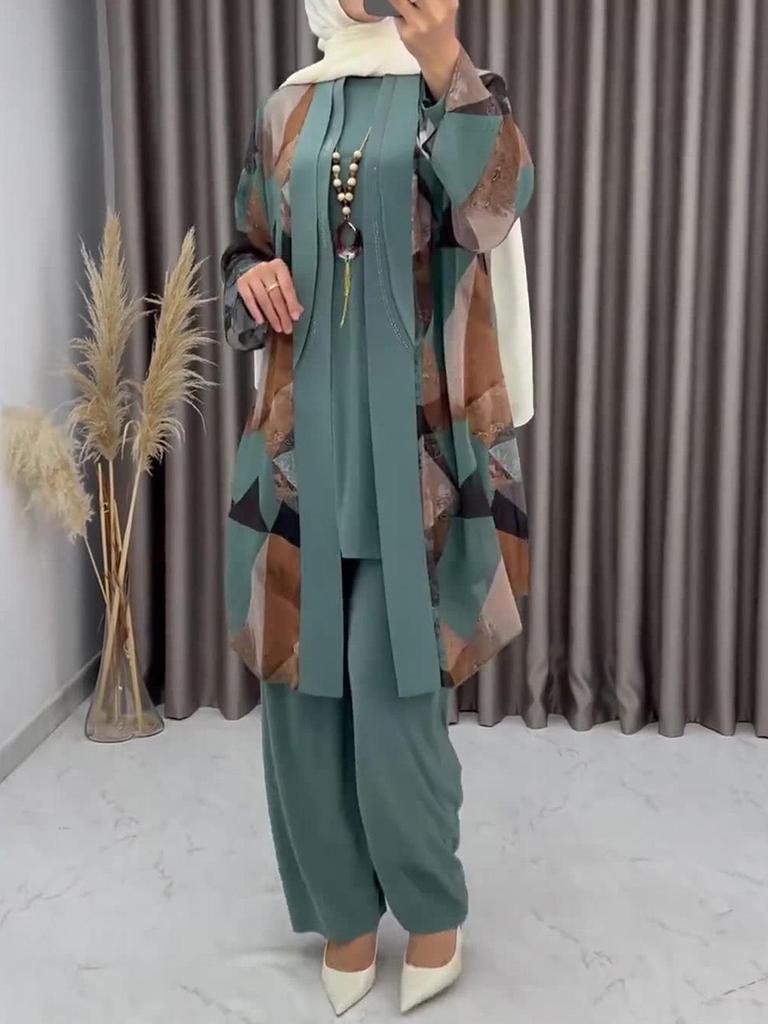 European & American Women's Summer Fashion: Light, Breathable 3-Piece Set with Printed High-Waisted Pants and Jacket.
