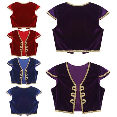 Costum de prinț arab pentru copii, vestă cu mânecă scurtă, decolteu în V și garnitură împletită, costum de Halloween pentru cosplay