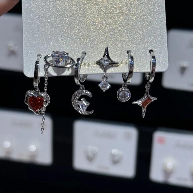 6pcs Set Earring Silver Color Star Dangle Earrings Vintage Metal Geometric Drop Earring for Women Fashion Trendy Y2K Jewelry