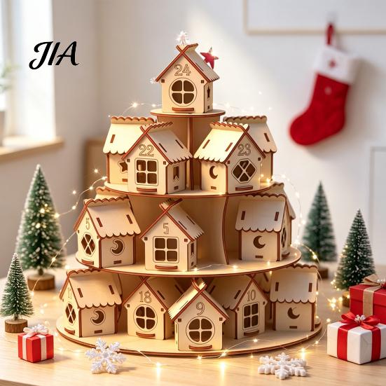 Weihnachtsparty Dekoration Holz Adventskalender, 24 Haus Countdown Display Ständer mit Baum Kalender Form, Festlicher Feiertag Tischplatte Regal