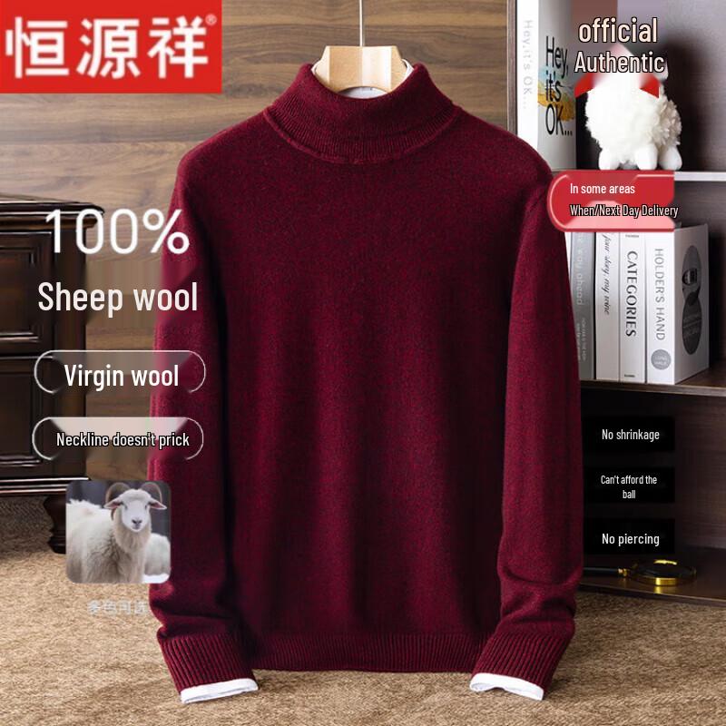 Hengyuanxiang Men's Pure Wool Turtleneck Sweater