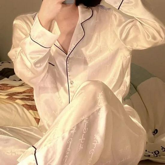 Lace Long Sleeve Black Cardigan Pajamas for Women – Sweet and Loose Spring/Autumn Homewear with Long Pants