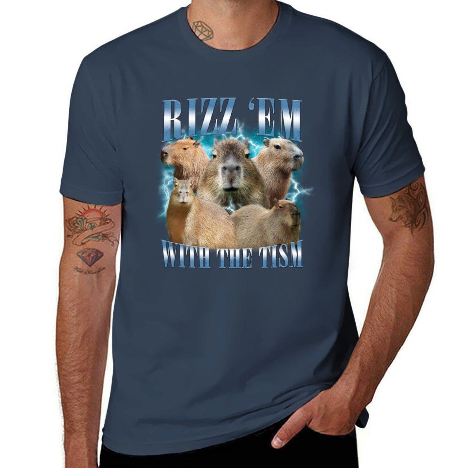 Rizz Em With The Tism Retro Funny Capybara Meme Tshirt Simple Print Design Tshirt S