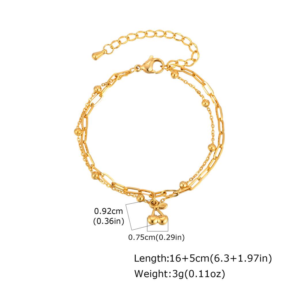 Wind Sweet Girl Stainless Steel Double Cherry Fashion Bracelet 18K Gold, Accessories Br-2575