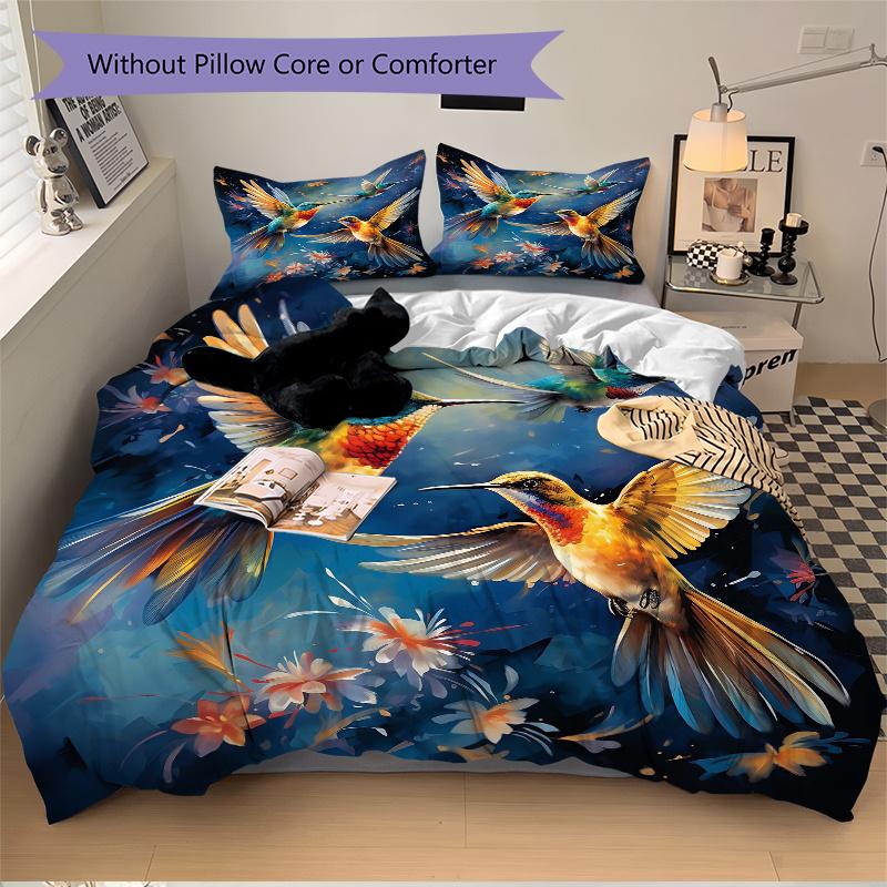 3pcs Whimsical Dance of Hummingbirds Pattern Bedding Three-Piece Set (1 Cover + 2 Pillowcases, No Fillings), This Printed Bedding Set Is Soft and