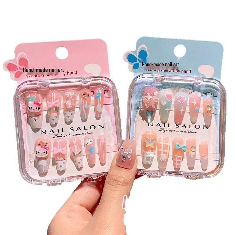 Children's Long-Style Wearable Nail Stickers with Jelly Glue - Cute, Fresh, and Removable Nail Art for Girls