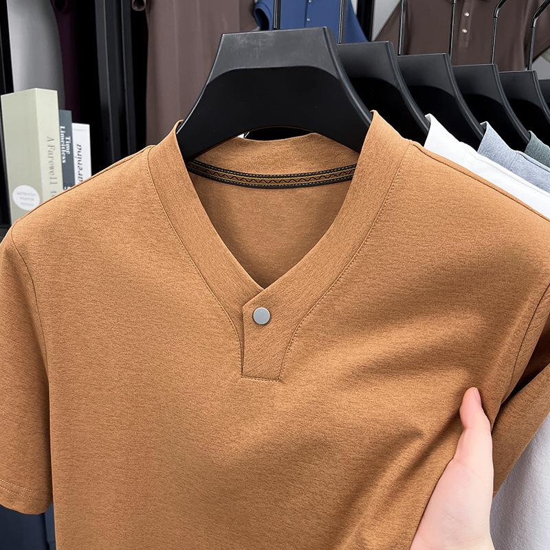 

Spring and Summer Men s T-Shirt Premium Sense Short Sleeve V-Neck Casual Solid Color Top Bottom Shirt M