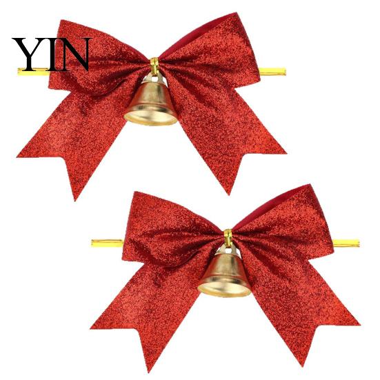 Decorative Bows with Bells 2 Pcs Christmas Bell, 4 Inch Glitter Ribbon Bows, Pre Tied Hanging Holiday Ornaments Xmas for Gift Wrapping, Wreath, Tree,
